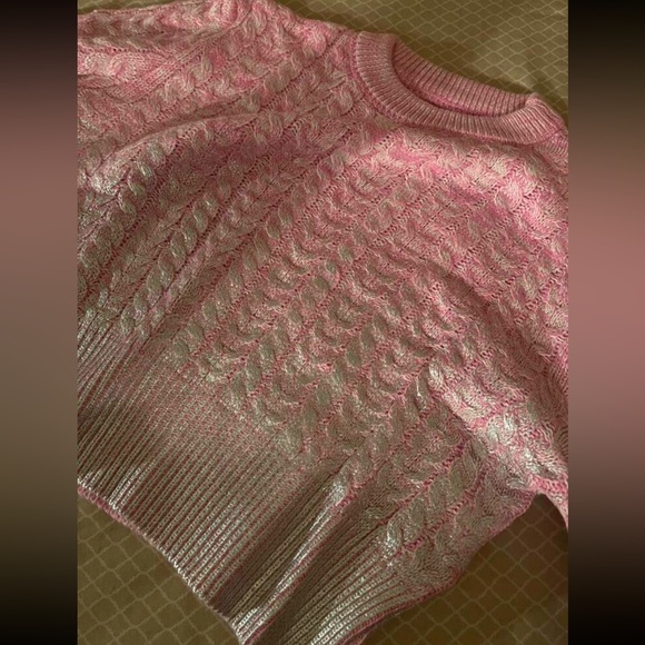 Cozy Foil Round Neck Cable Knitted Pullover Long Sleeve Pink Silver Sweater Top - Picture 5 of 6